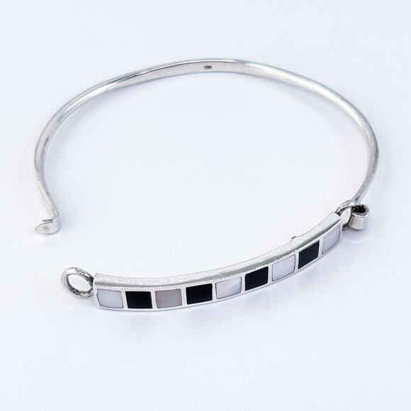 Vintage Thailand ATI Sterling Silver 925 Mother of Pearl Onyx Inlay Bangle 6.75" - Picture 5 of 10